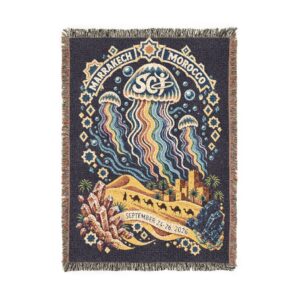 Celestial Jellyfish Woven Blanket — Boho Ocean Throw with Moon & Rainbow Waves