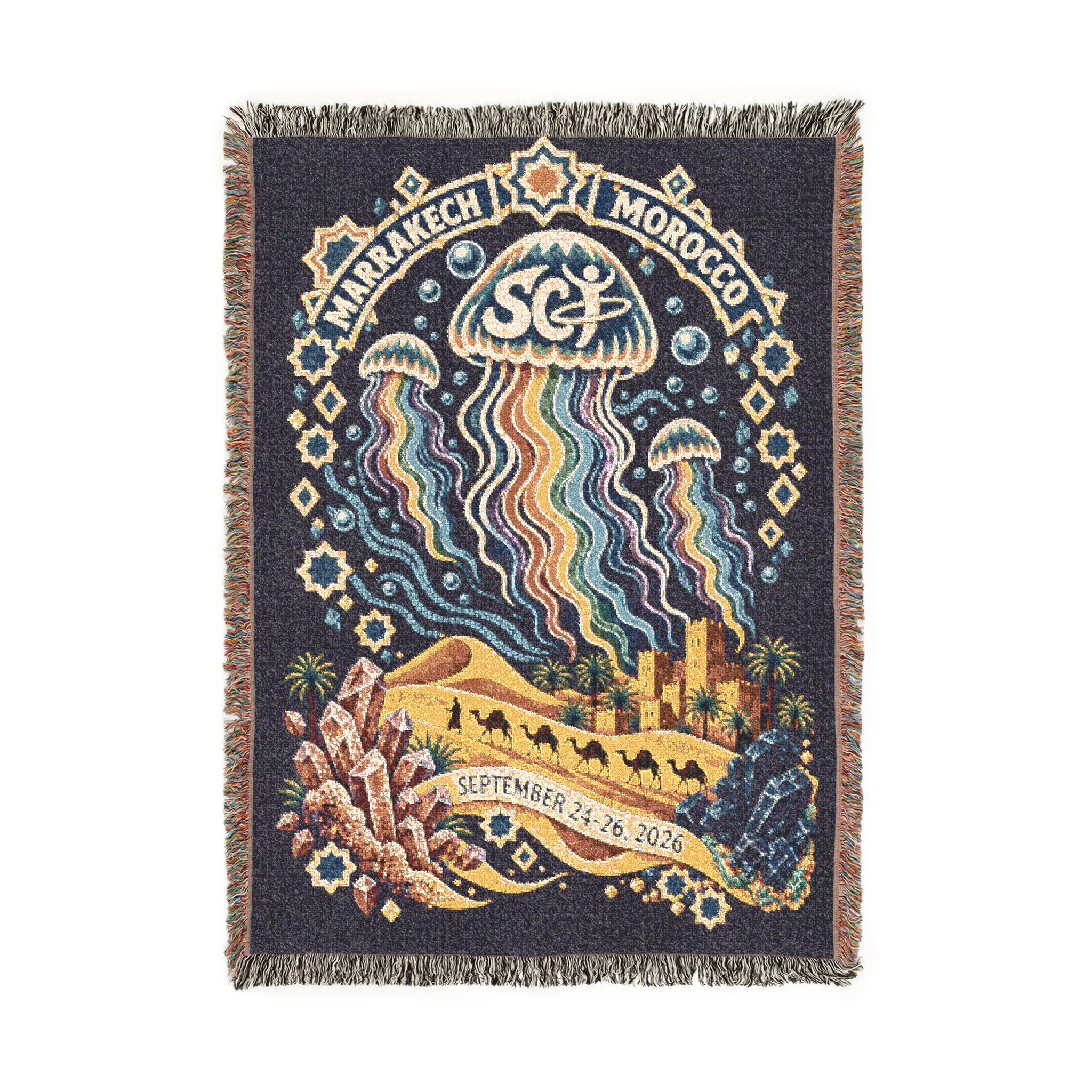 Celestial Jellyfish Woven Blanket — Boho Ocean Throw with Moon & Rainbow Waves