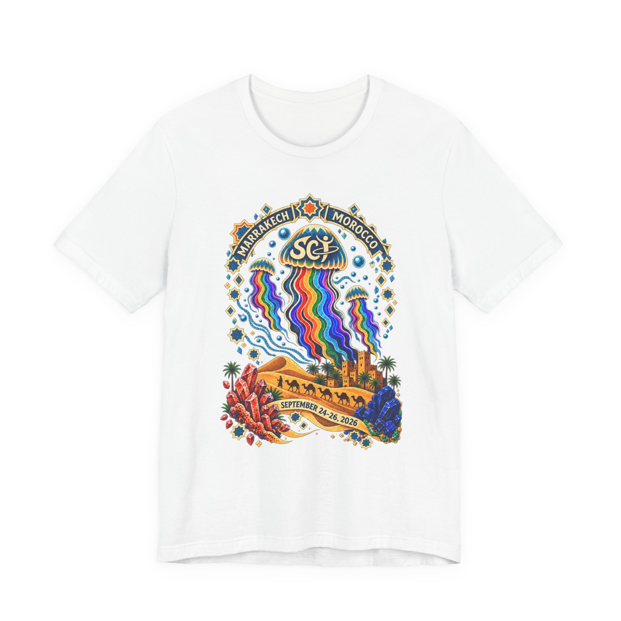 Marrakech Morocco shirt featuring rainbow jellyfish, a desert caravan, and colorful crystals