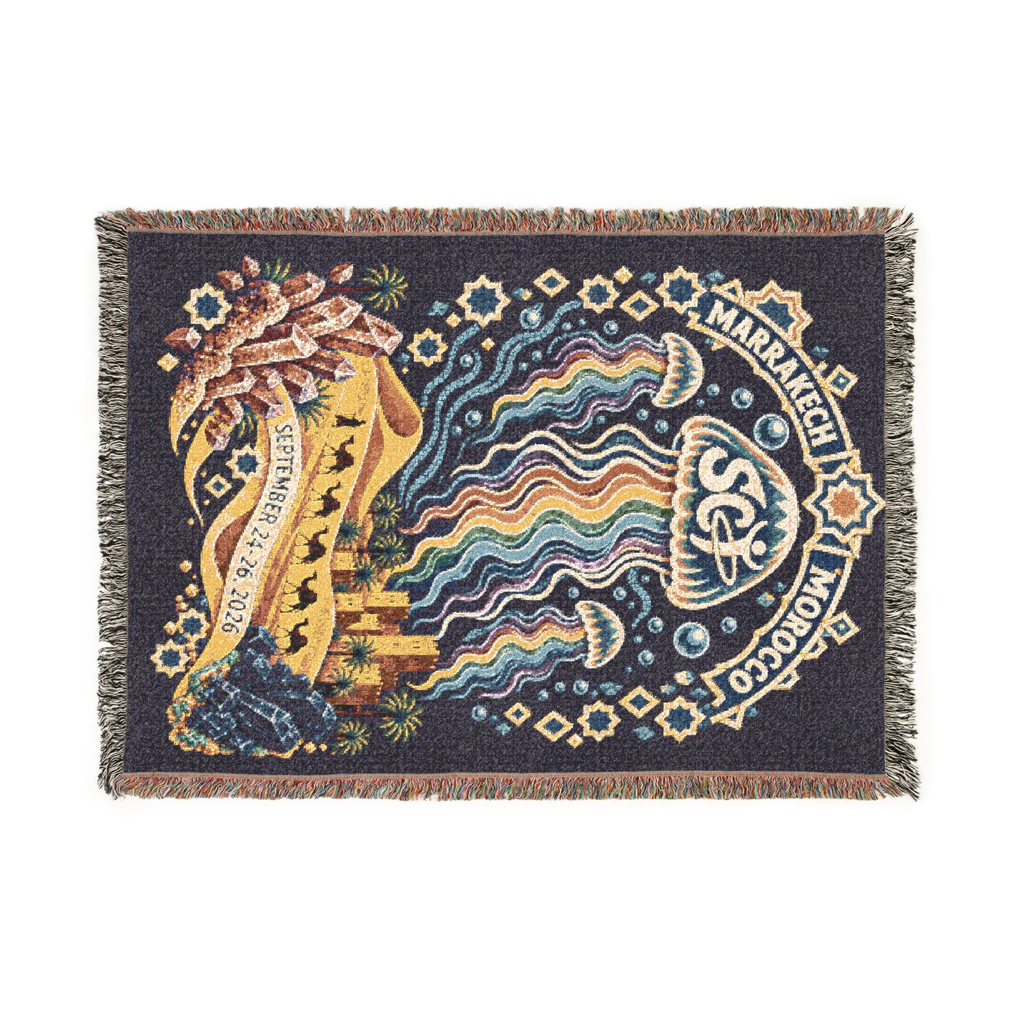 Celestial Jellyfish Woven Blanket — Boho Ocean Throw with Moon & Rainbow Waves - Image 4