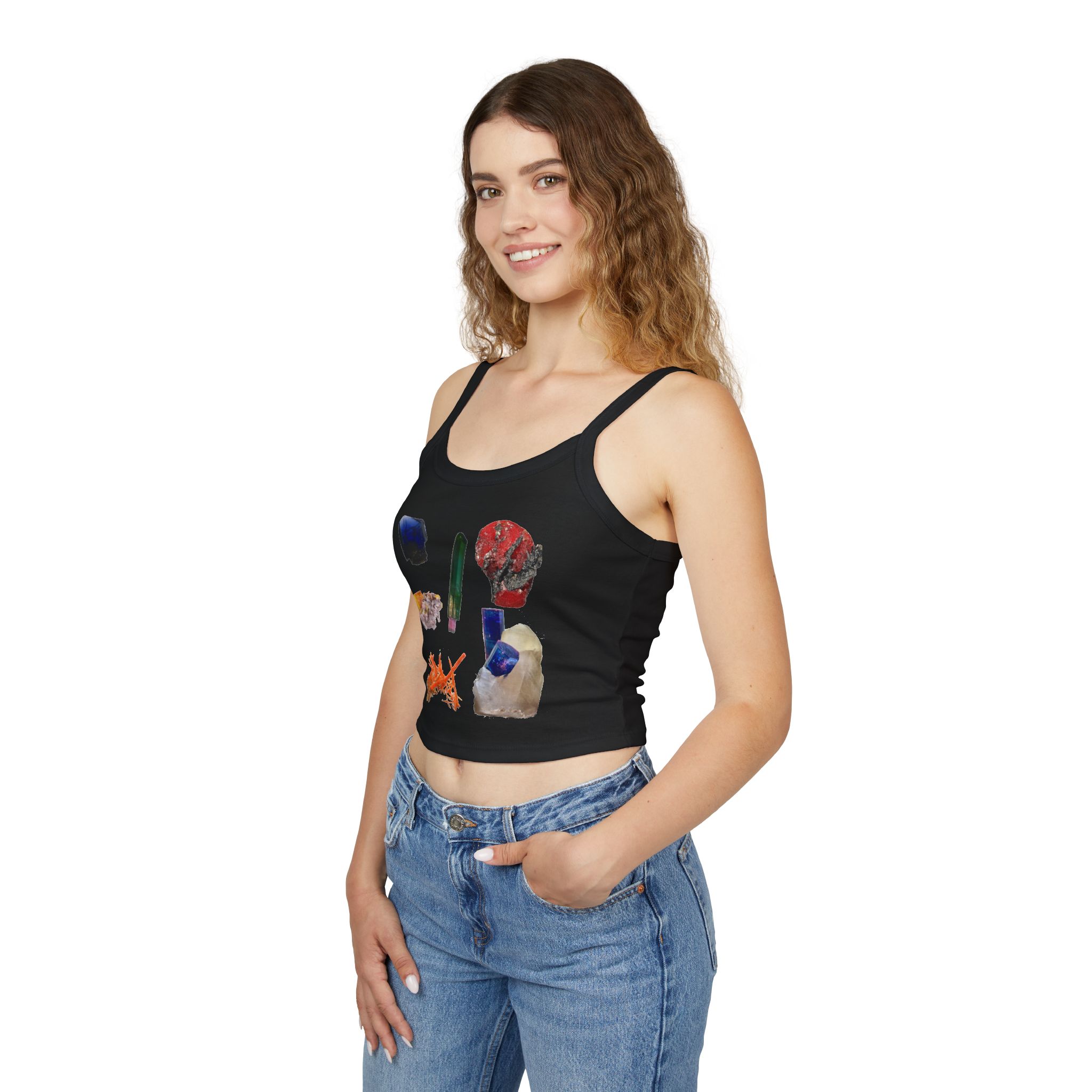 Caution Gem Crystals Can Be Habit Forming Crop Tank Top — Spaghetti Strap - Image 4